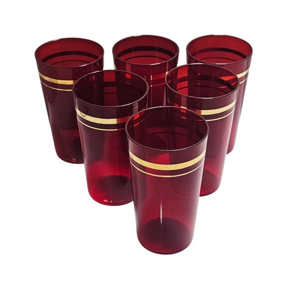 6 Anchor Hocking Royal Ruby Glasses 4.7" vtg red glass 9oz tumblers gold stripes - Picture 3 of 11